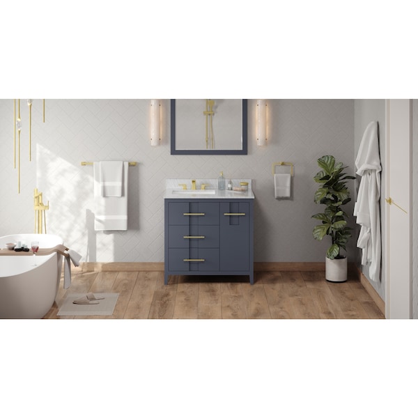 Jeffrey Alexander 36In. Blue Steel Katara Vanity, Left Offset, White Carrara Marble Vanity Top, Undrmnt Rctngl Bowl VKITKAT36BSWCR - main